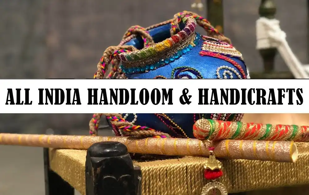 Handloom and handicraft products displayed in a store setting, representing traditional items offered by home decor stores.
